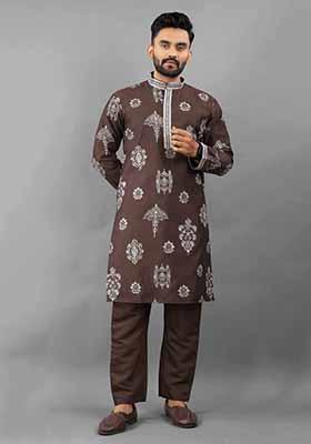 Brown Solid Russian Silk Kurta Set For Men