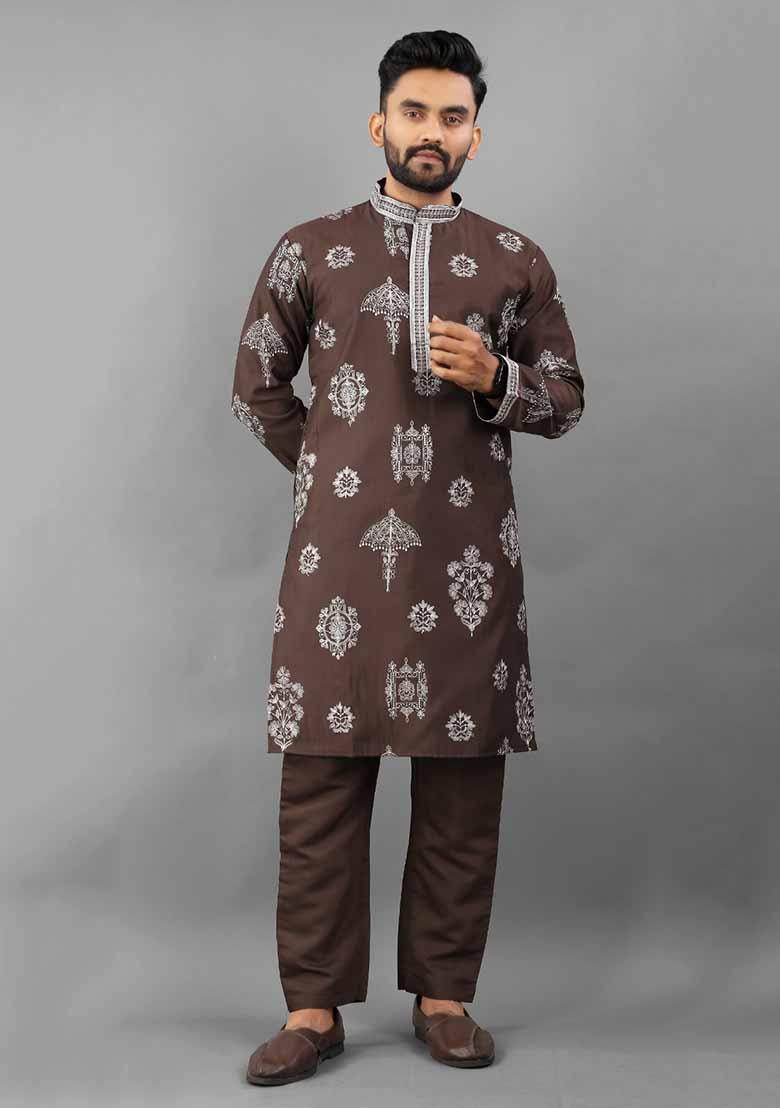 Brown Solid Russian Silk Kurta Set For Men