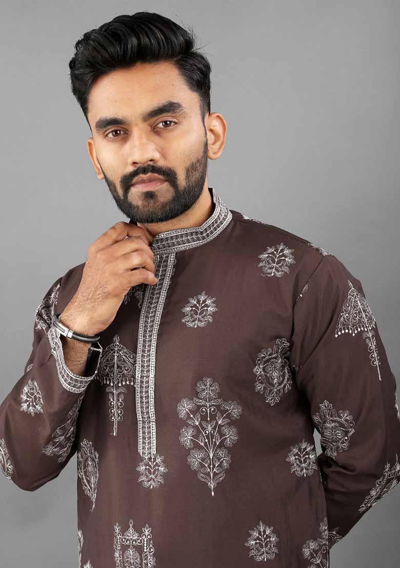 Brown Solid Russian Silk Kurta Set For Men