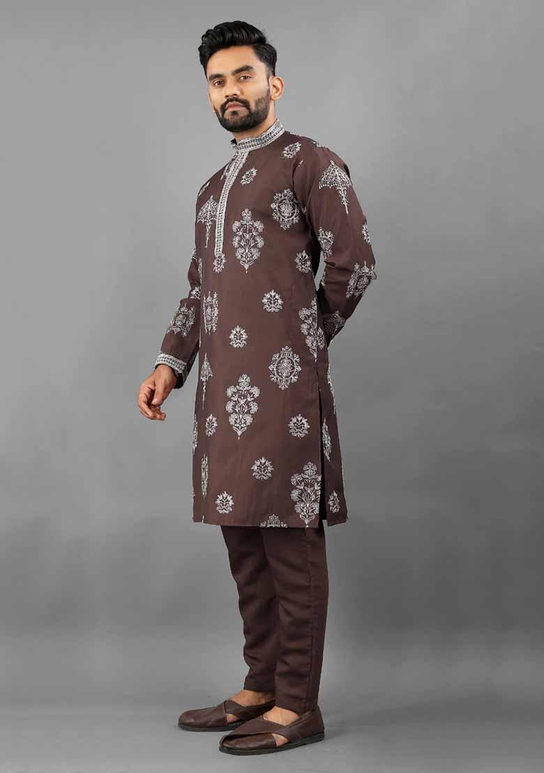 Brown Solid Russian Silk Kurta Set For Men