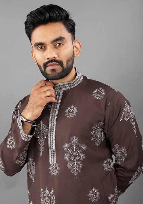 Brown Solid Russian Silk Kurta Set For Men