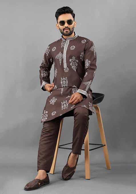 Brown Solid Russian Silk Kurta Set For Men