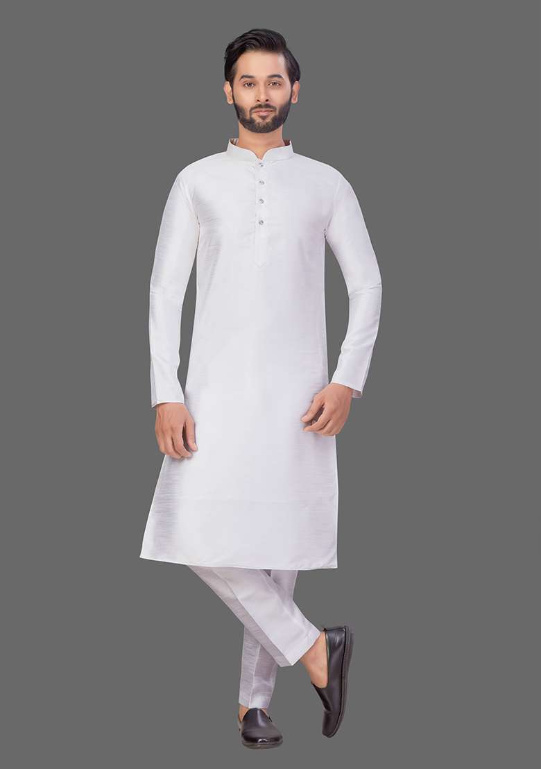 White Solid Art Silk Blend Kurta Set For Men - Indya