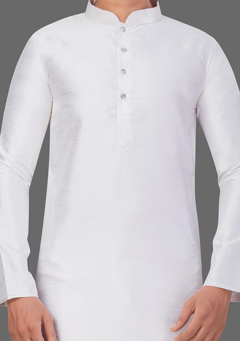 White Solid Art Silk Kurta Set For Men