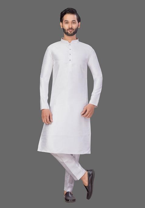 White Solid Art Silk Kurta Set For Men