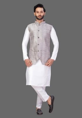 White Solid Art Silk Nehru Jacket Set For Men