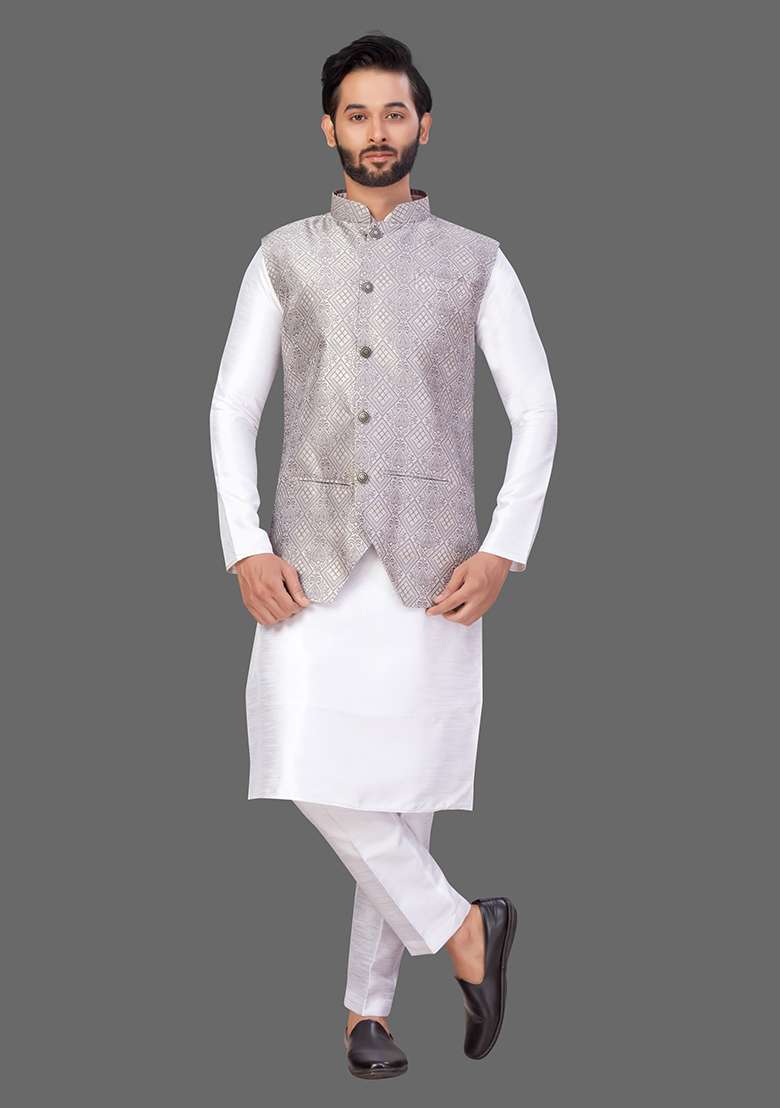 White Solid Art Silk Blend Nehru Jacket Set For Men - Indya
