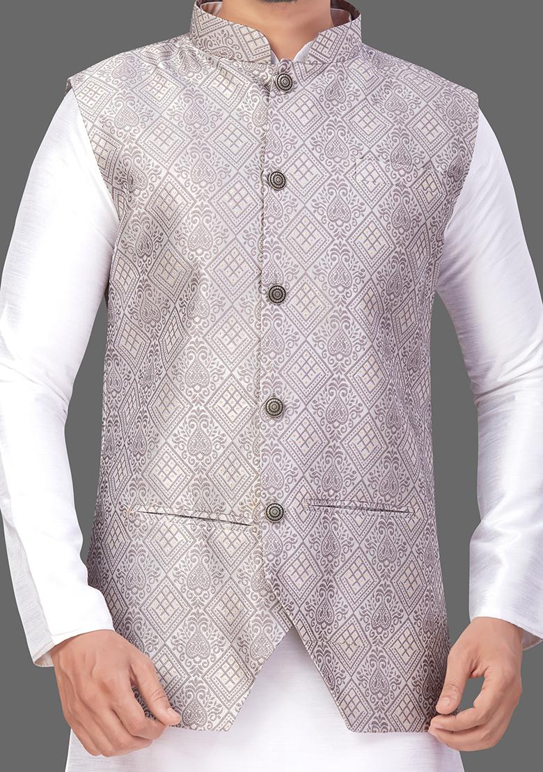 White Solid Art Silk Nehru Jacket Set For Men