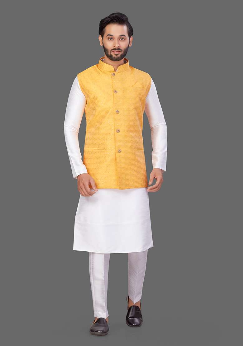 White Solid Art Silk Blend Nehru Jacket Set For Men - Indya