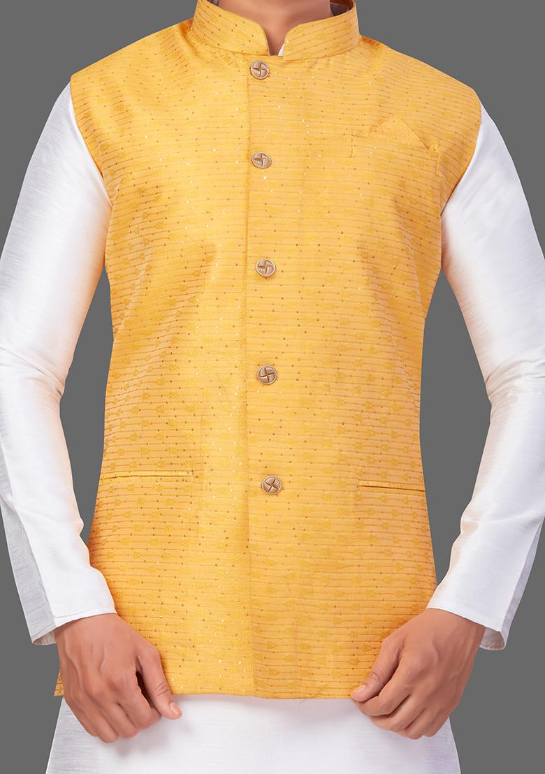 White Solid Art Silk Nehru Jacket Set For Men