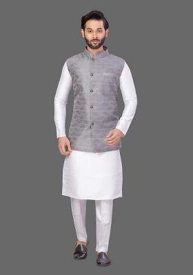 White Solid Art Silk Nehru Jacket Set For Men