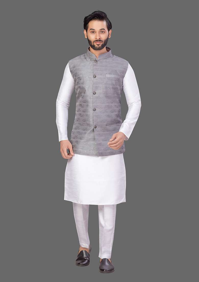 White Solid Art Silk Blend Nehru Jacket Set For Men - Indya