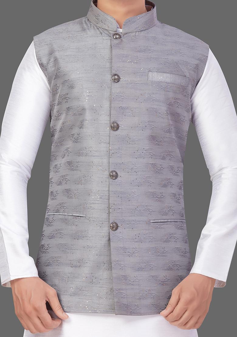 White Solid Art Silk Nehru Jacket Set For Men