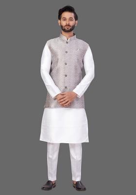 White Solid Art Silk Nehru Jacket Set For Men