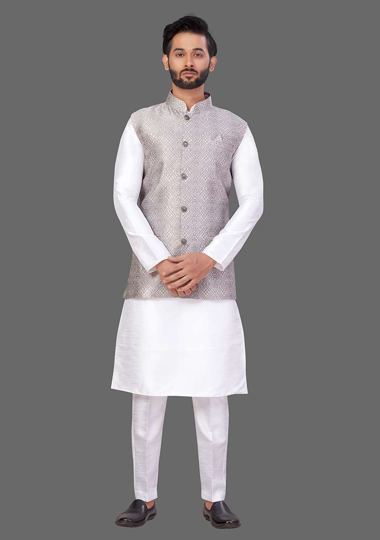 White Solid Art Silk Blend Nehru Jacket Set For Men - Indya