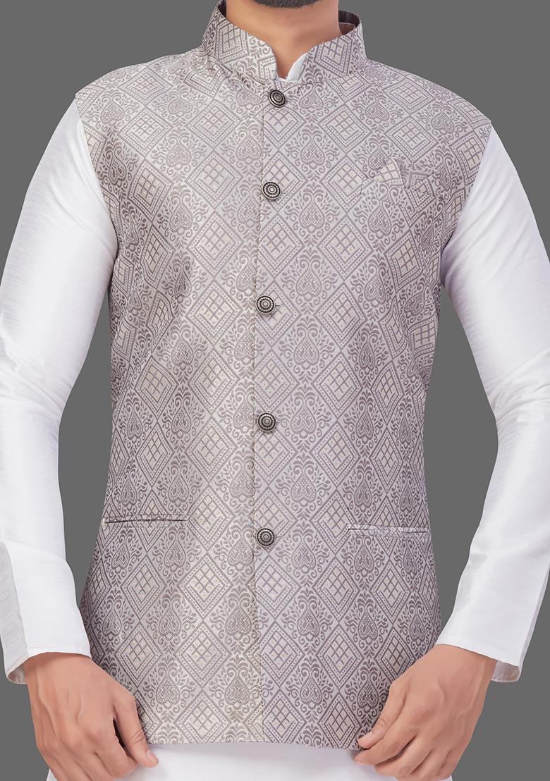 White Solid Art Silk Nehru Jacket Set For Men