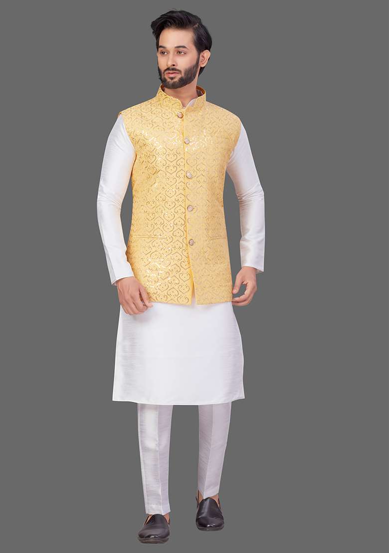 White Solid Art Silk Blend Nehru Jacket Set For Men - Indya