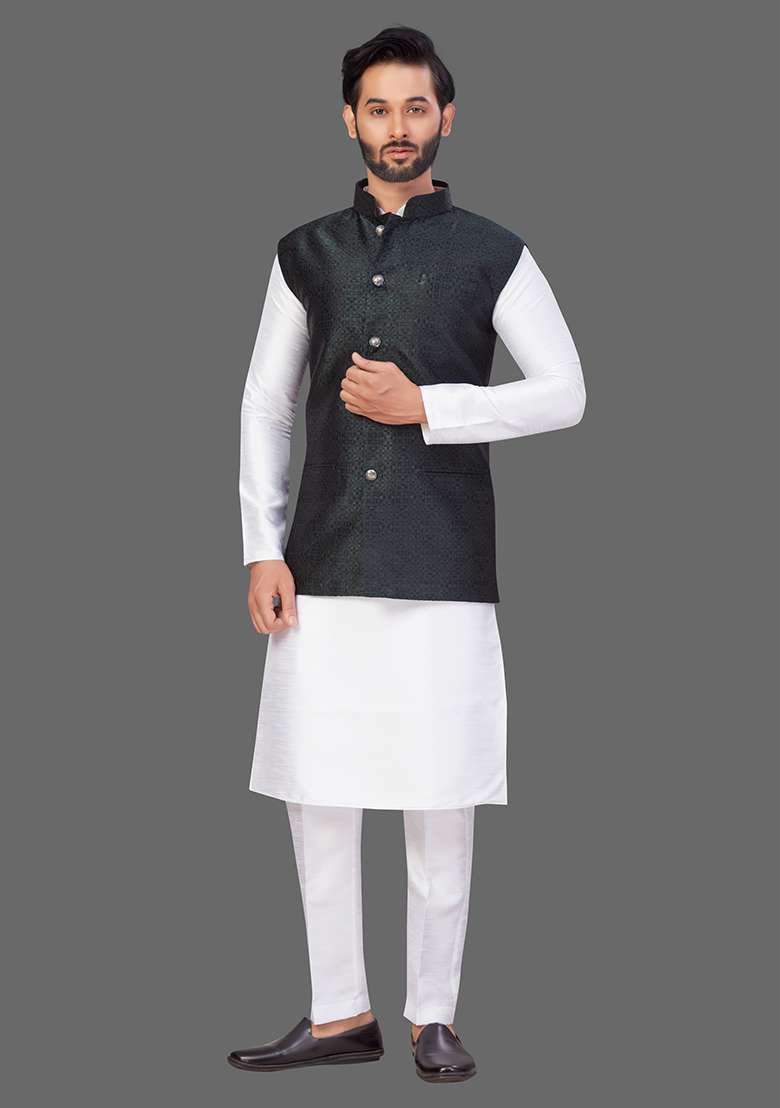 White Solid Art Silk Blend Nehru Jacket Set For Men - Indya