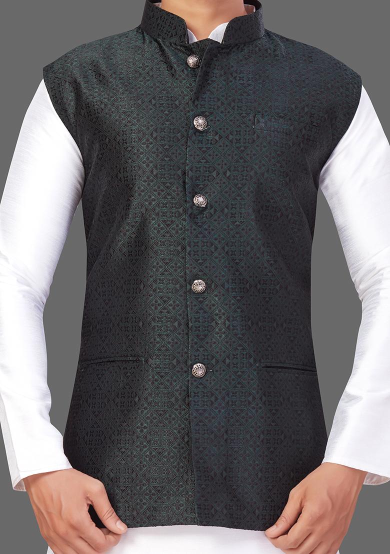 White Solid Art Silk Nehru Jacket Set For Men
