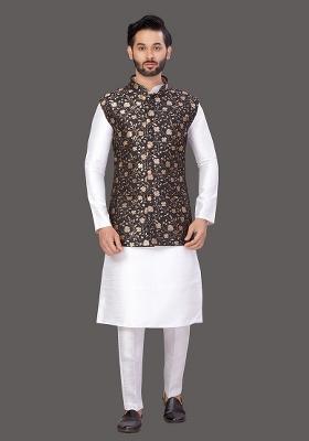 White Solid Art Silk Nehru Jacket Set For Men
