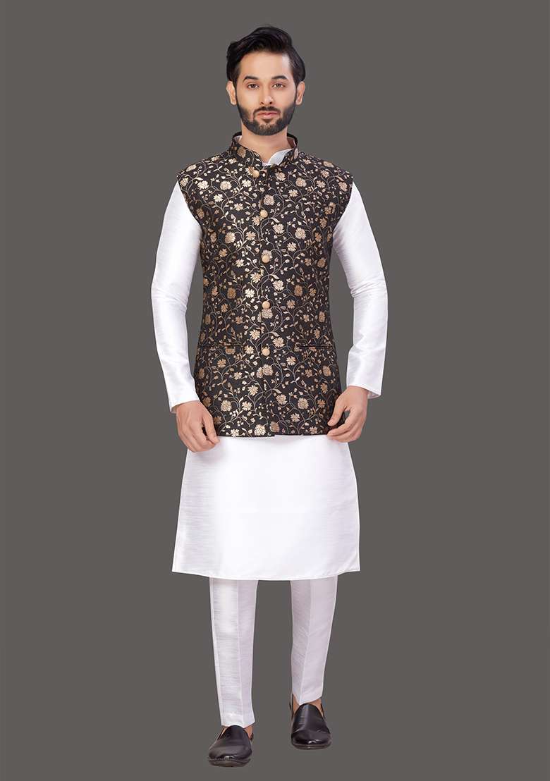 White Solid Art Silk Blend Nehru Jacket Set For Men - Indya