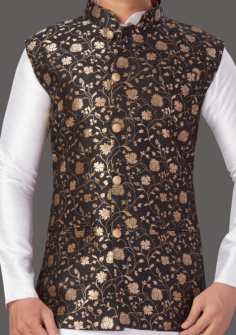 White Solid Art Silk Nehru Jacket Set For Men