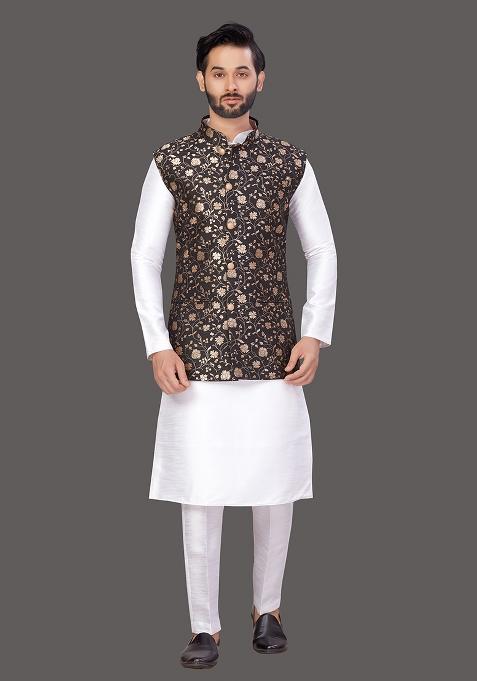 White Solid Art Silk Nehru Jacket Set For Men