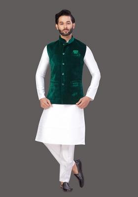 White Solid Art Silk Nehru Jacket Set For Men