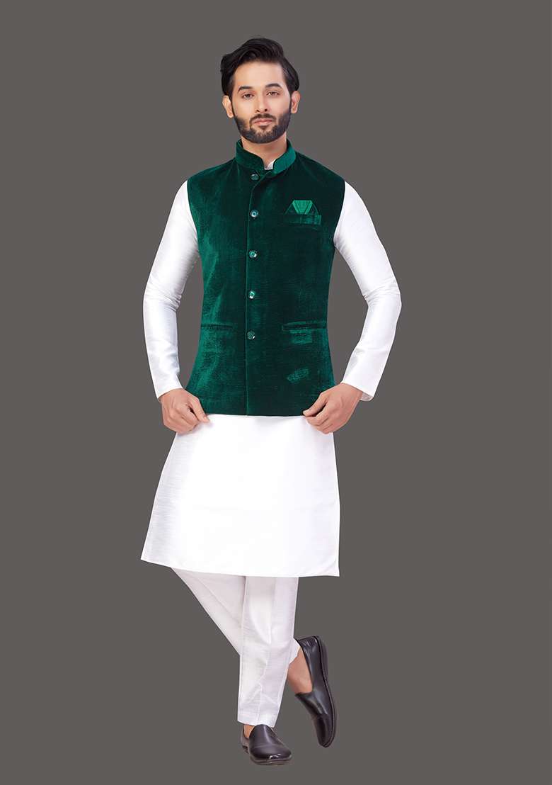 White Solid Art Silk Blend Nehru Jacket Set For Men - Indya