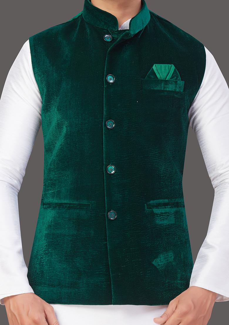 White Solid Art Silk Nehru Jacket Set For Men