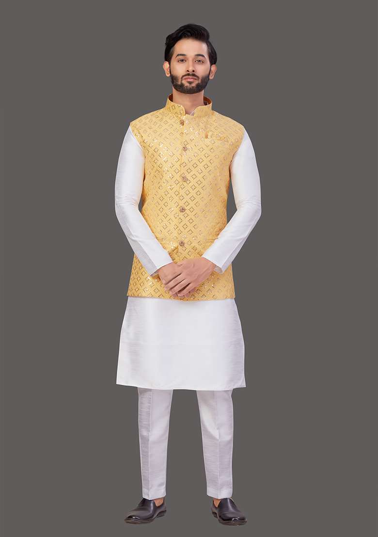 White Solid Art Silk Blend Nehru Jacket Set For Men - Indya