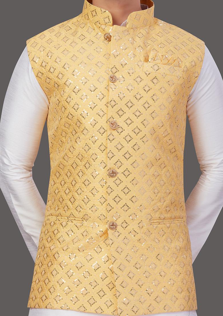White Solid Art Silk Nehru Jacket Set For Men