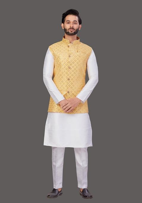 White Solid Art Silk Nehru Jacket Set For Men