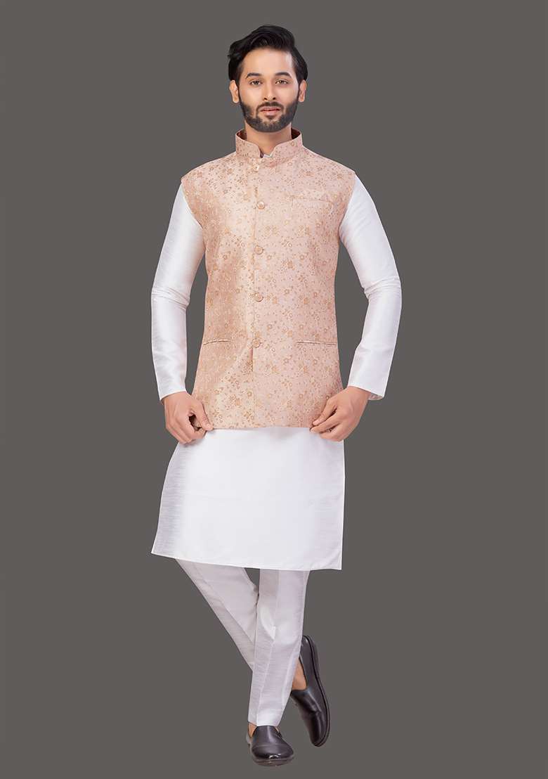 White Solid Art Silk Blend Nehru Jacket Set For Men - Indya