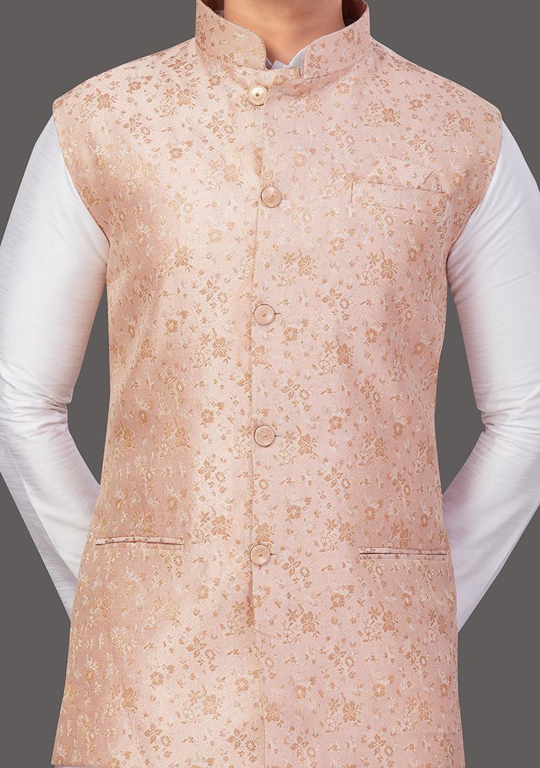White Solid Art Silk Nehru Jacket Set For Men