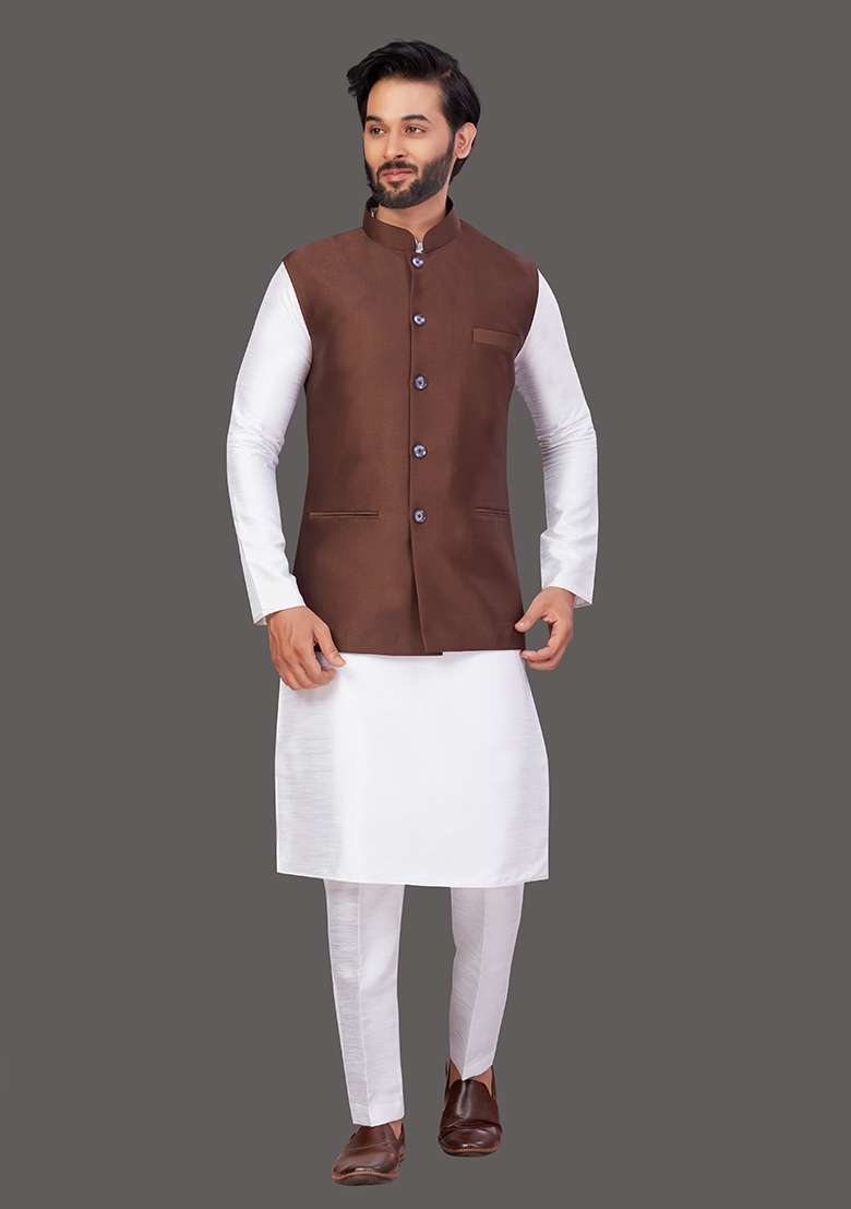 White Solid Art Silk Blend Nehru Jacket Set For Men - Indya
