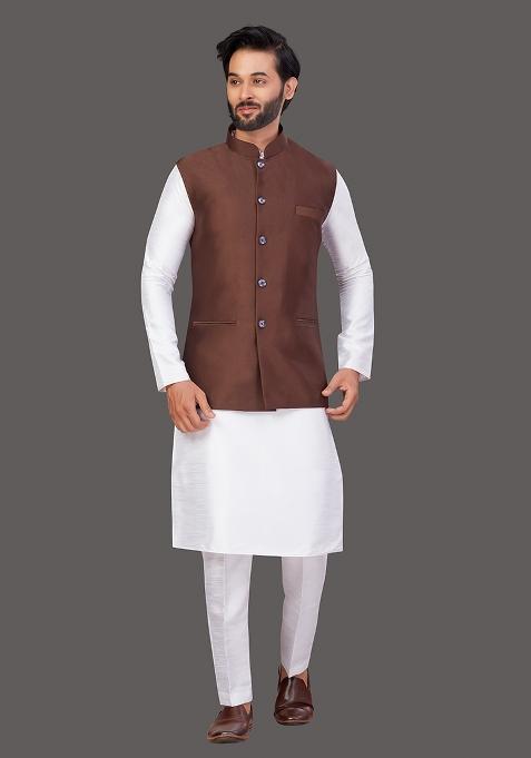 White Solid Art Silk Nehru Jacket Set For Men