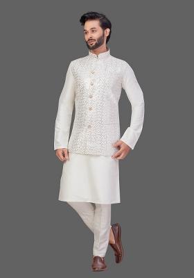 Cream Solid Art Silk Nehru Jacket Set For Men