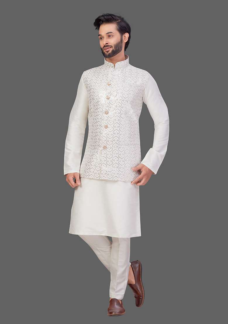 Cream Solid Art Silk Blend Nehru Jacket Set For Men - Indya