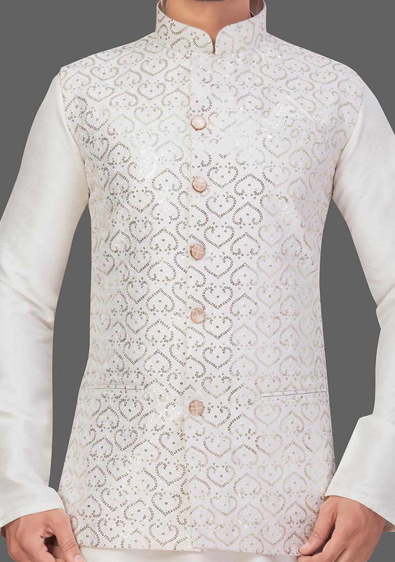 Cream Solid Art Silk Nehru Jacket Set For Men