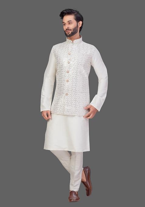 Cream Solid Art Silk Nehru Jacket Set For Men