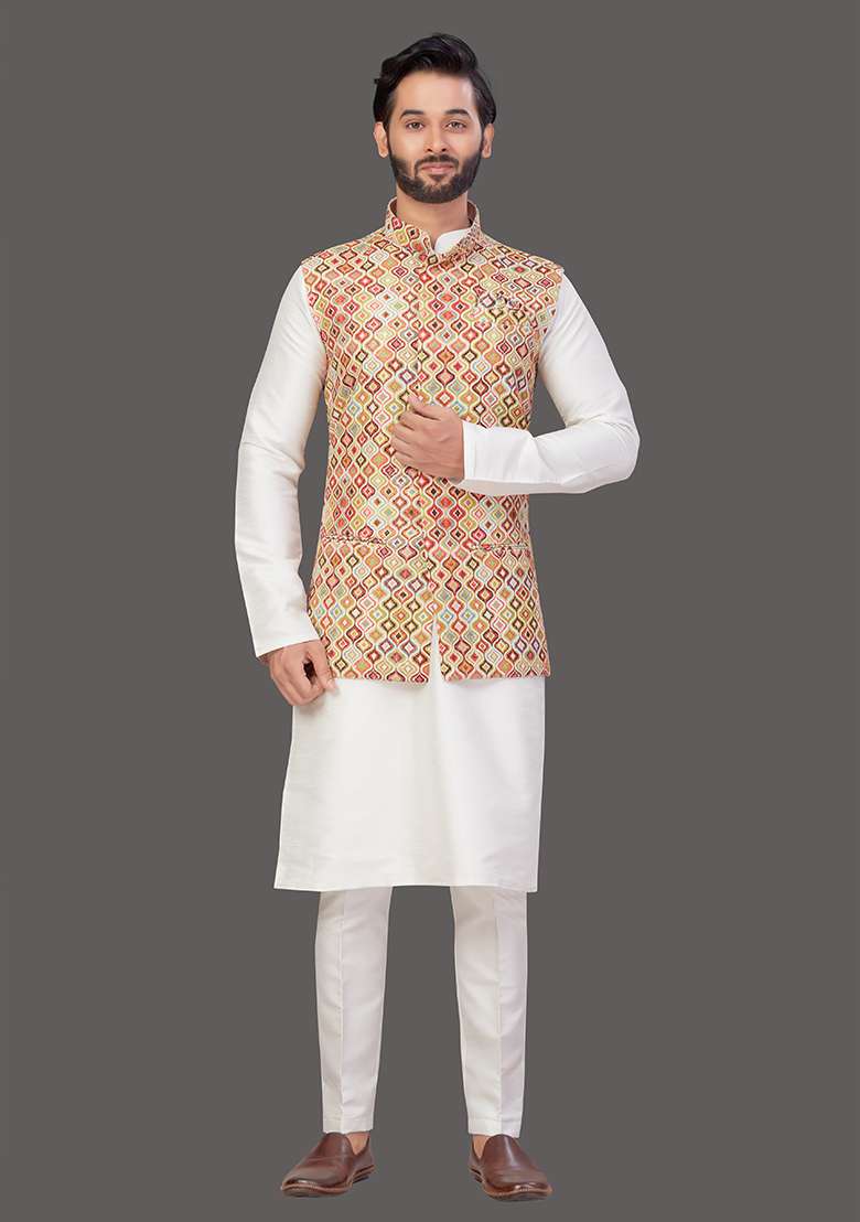 Cream Solid Art Silk Blend Nehru Jacket Set For Men - Indya