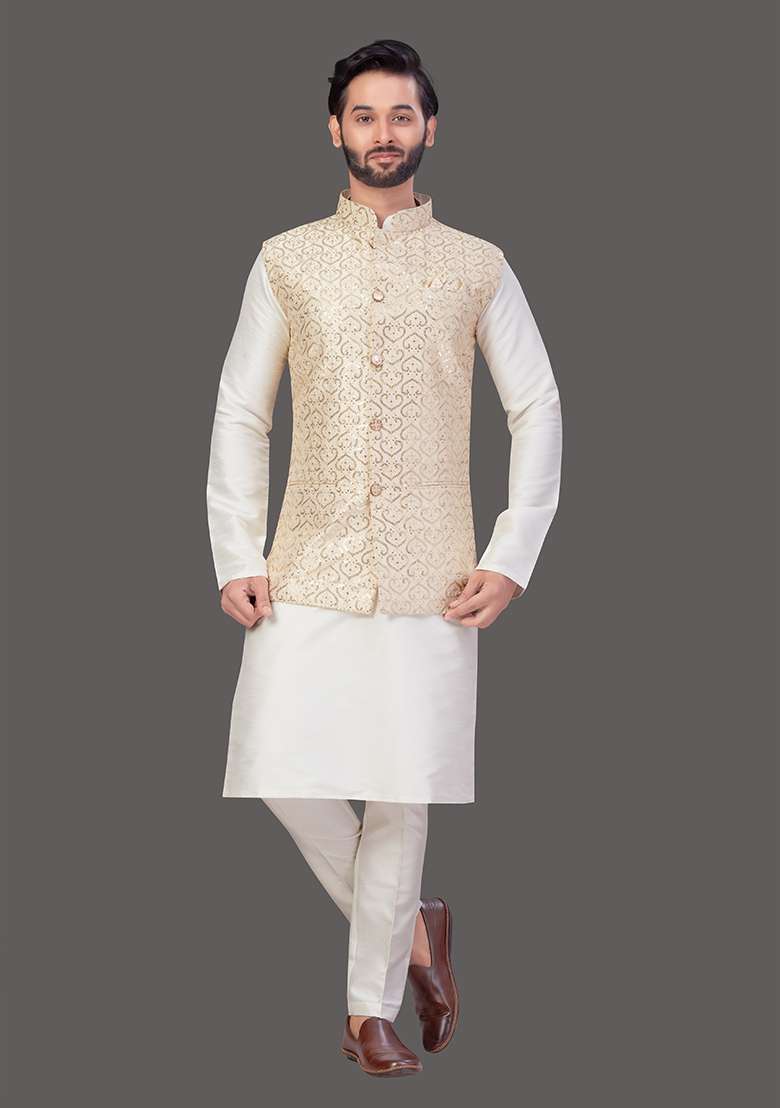 Cream Solid Art Silk Blend Nehru Jacket Set For Men - Indya