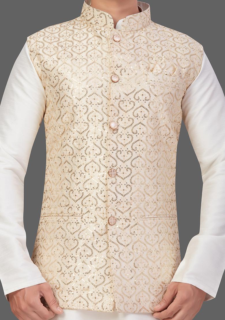 Cream Solid Art Silk Nehru Jacket Set For Men