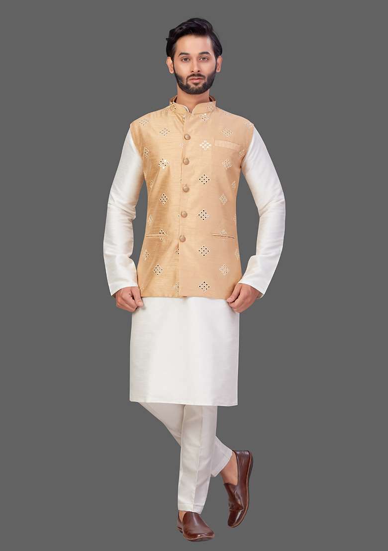 Cream Solid Art Silk Blend Nehru Jacket Set For Men - Indya