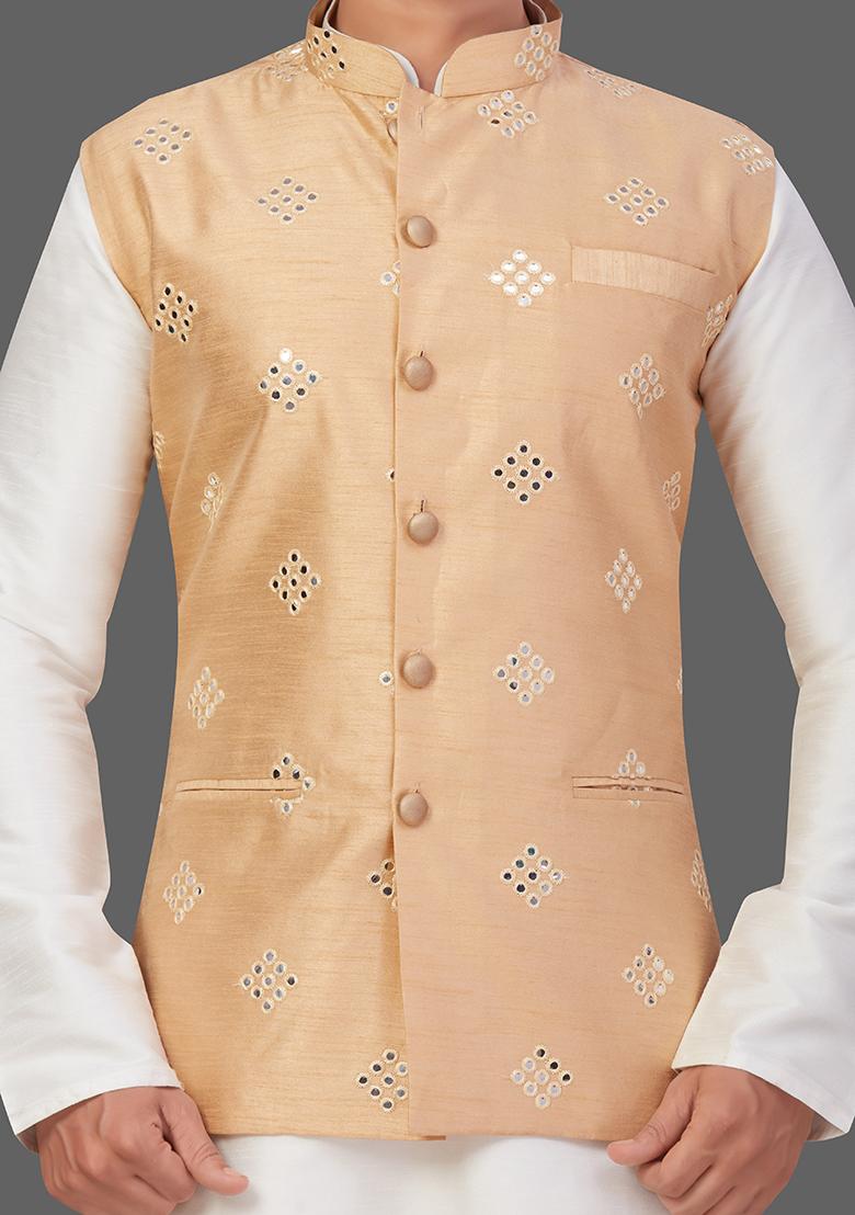 Cream Solid Art Silk Nehru Jacket Set For Men