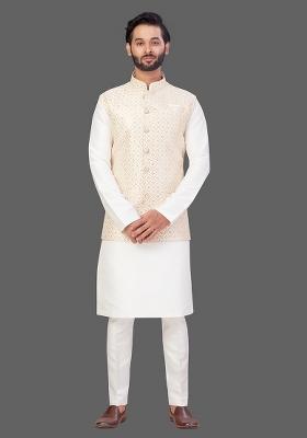 Cream Solid Art Silk Nehru Jacket Set For Men