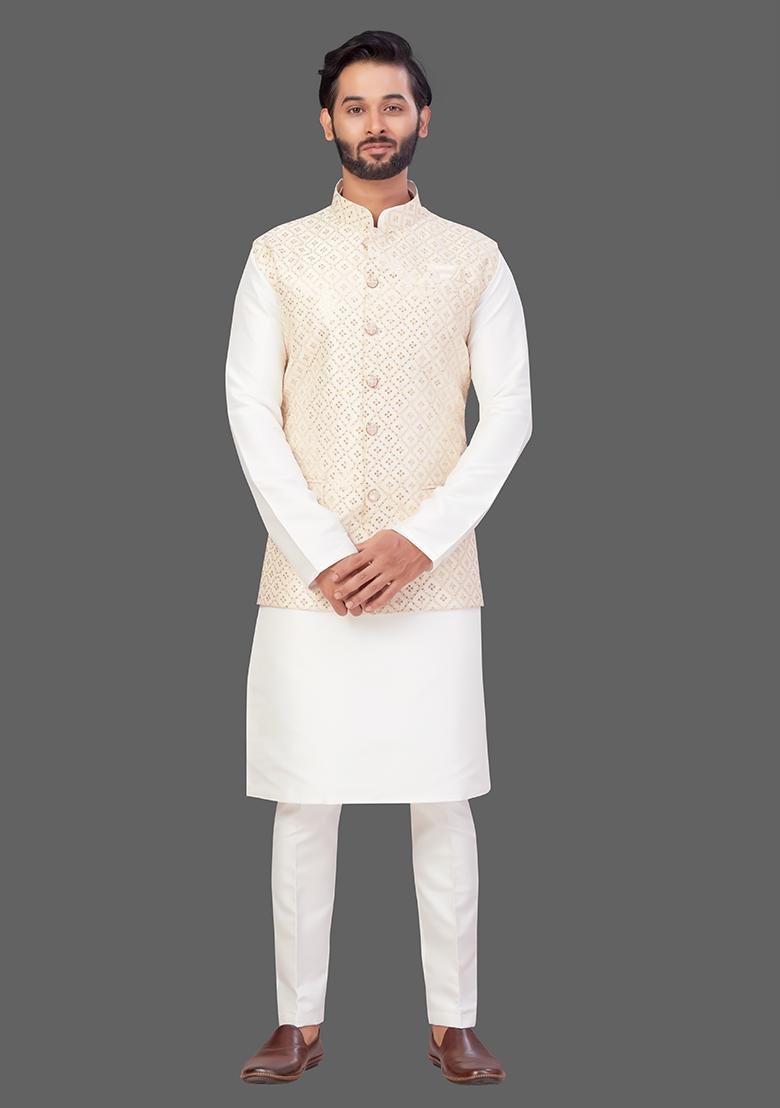 Cream Solid Art Silk Blend Nehru Jacket Set For Men - Indya