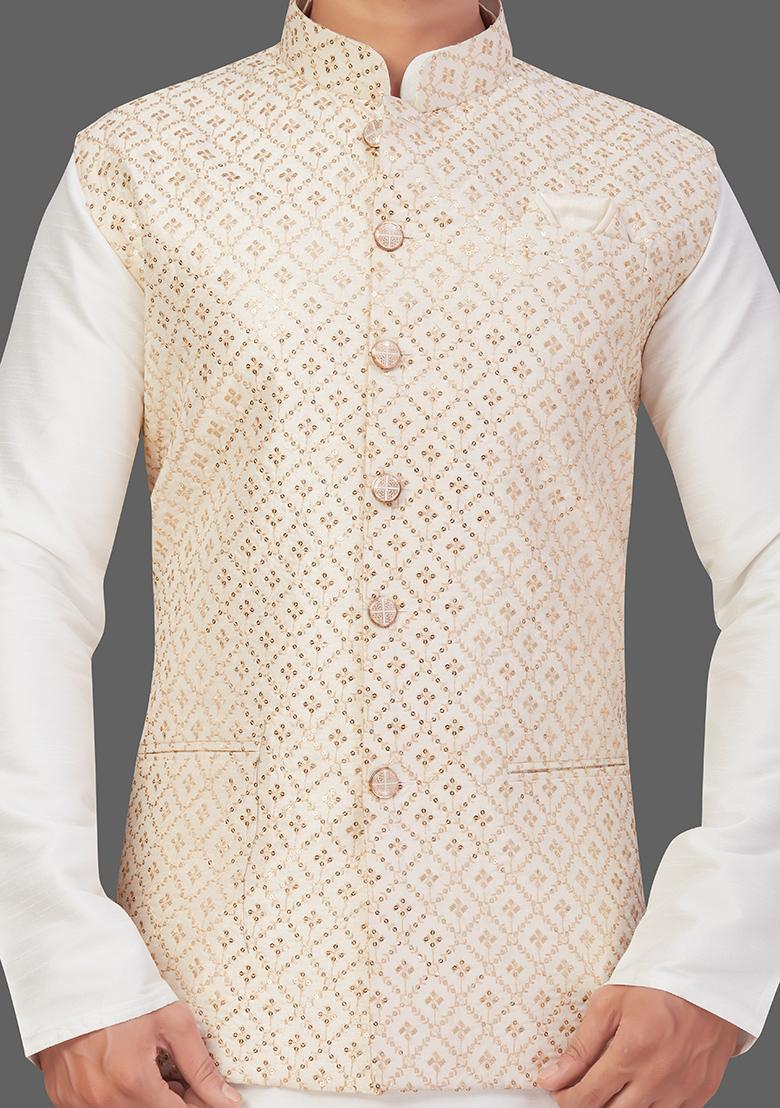 Cream Solid Art Silk Nehru Jacket Set For Men