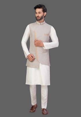 Cream Solid Art Silk Nehru Jacket Set For Men